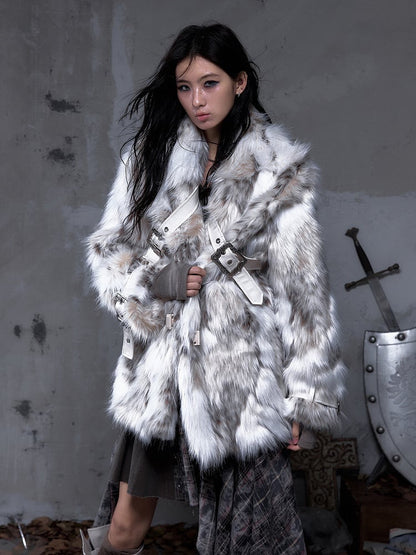 Brown Light Faux with Fur Lapel Wide Ivory Punk Coat PU Buckle Straps