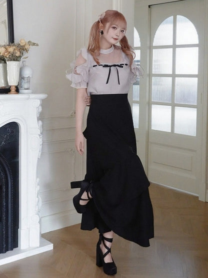 Plus Size Dusty Pink Seiso-kei Cutout Shoulder Blouse with Tulle Panel and Ruffle Accents - Smyster