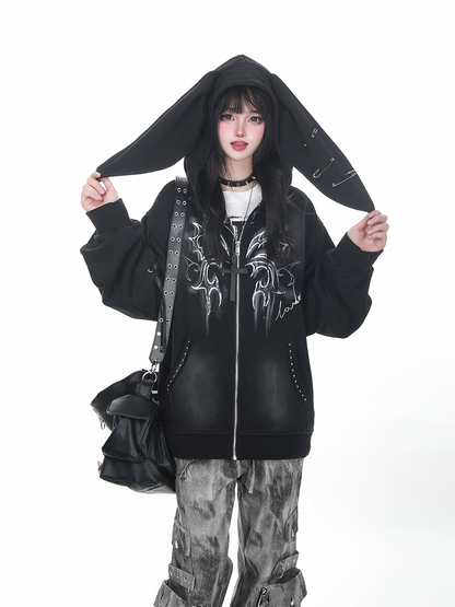 Black Vintage Punk Bunny Ear Hoodie with Zipper Closure