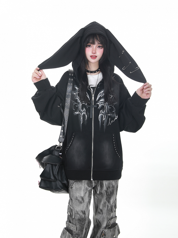 Black Closure Ear Vintage Hoodie with Bunny Punk Zipper