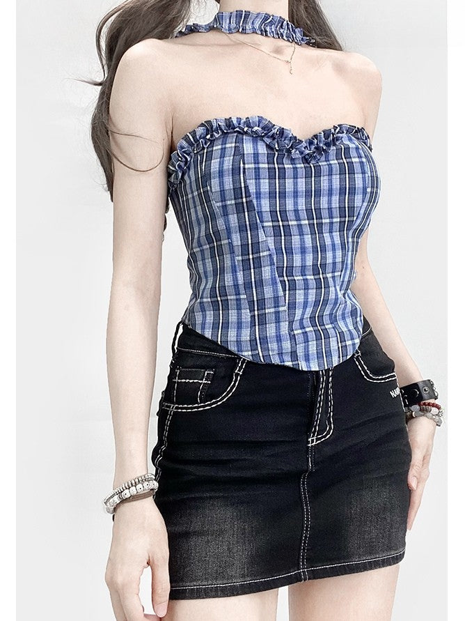 Y2K Top Plaid Neck WhiteBlue Pattern Glamorous Halter