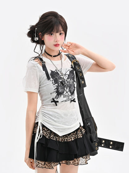 Butterfly Y2K White Semi-sheer PU Print Buckle T-shirt Waist Drawstring Strap Glamorous