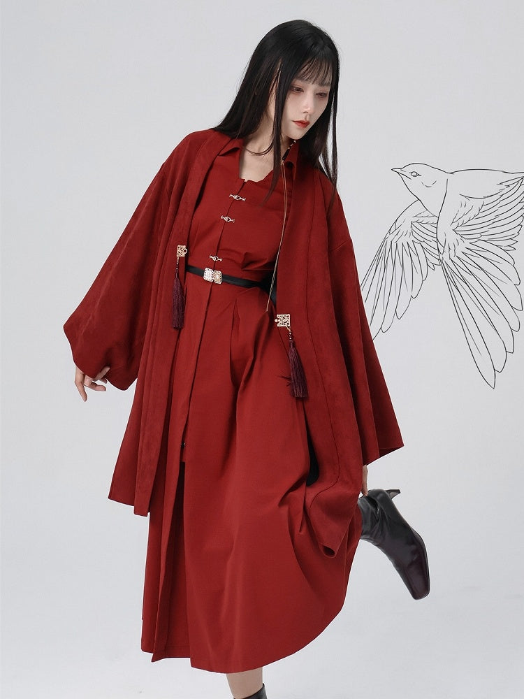 Box Snap Shirt Pleat Details Red Chinese with Closure Style Dress
