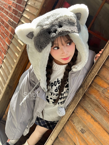 Cute Raccoon Plush Hood Grey Hooded Down Jacket