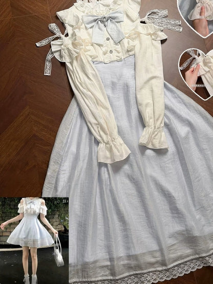Blue-White Cutout Shoulder Bow Ruffle Long Sleeve Seiso Dress - LA LA JK