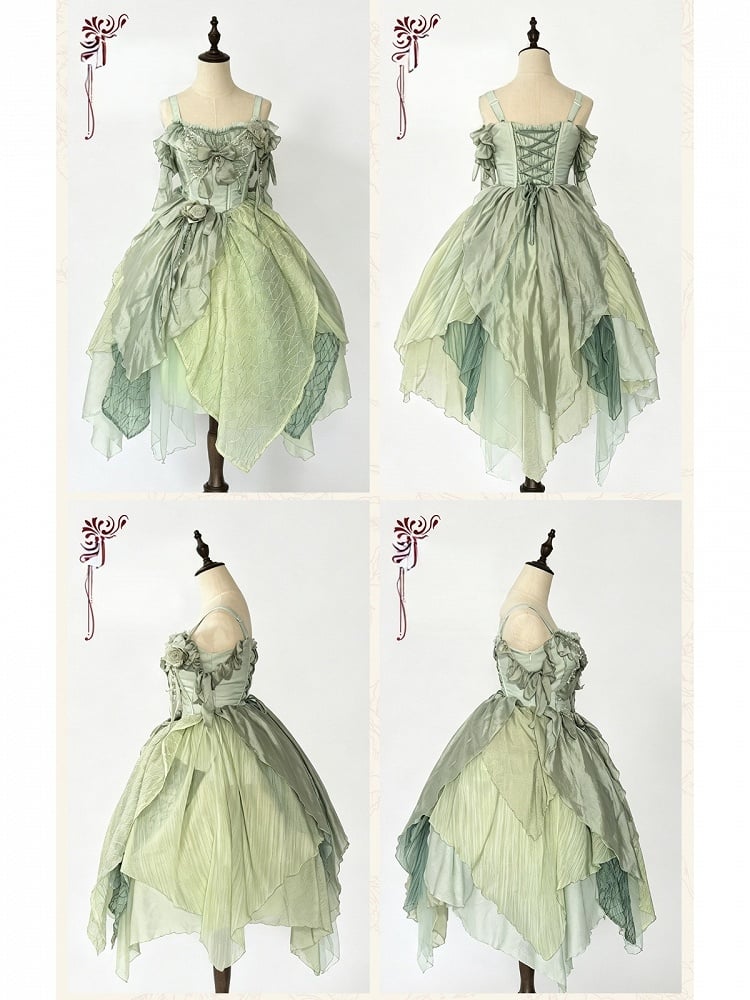 Green Butterfly Theme Lolita JSK with Asymmetrical Hem Sizes S-3XL - Sweet Wood Lolita