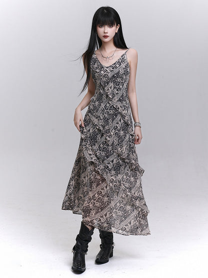 Cascading Trim Ankle-Length with Gothic Dress Gray Ruffle A-Line Tie-Dye