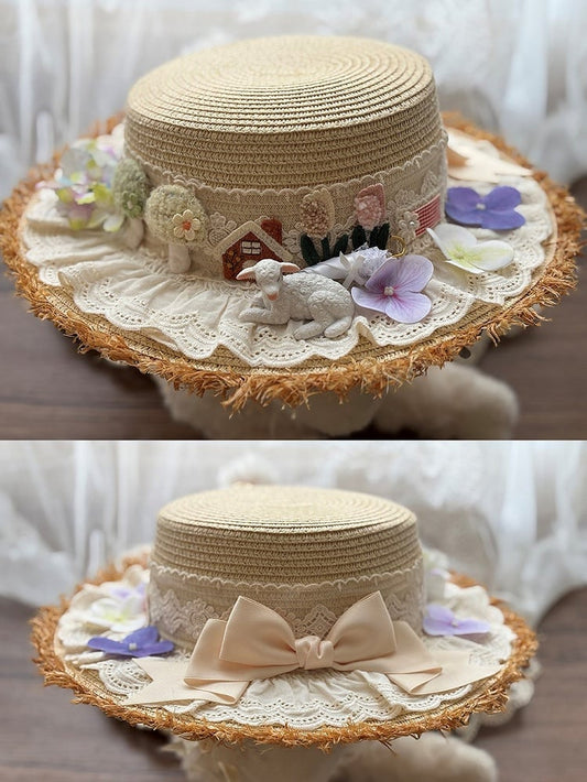 Pastoral Lamb Straw Hat with Flower Accents - Miss Point