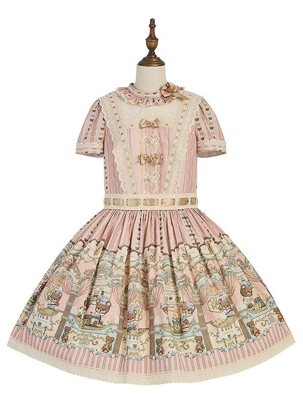 Dress Bear Neckline Pink Print Dropped Lolita Sweet Waist Ruffle
