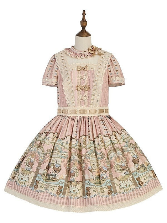 Dress Bear Neckline Pink Print Dropped Lolita Sweet Waist Ruffle