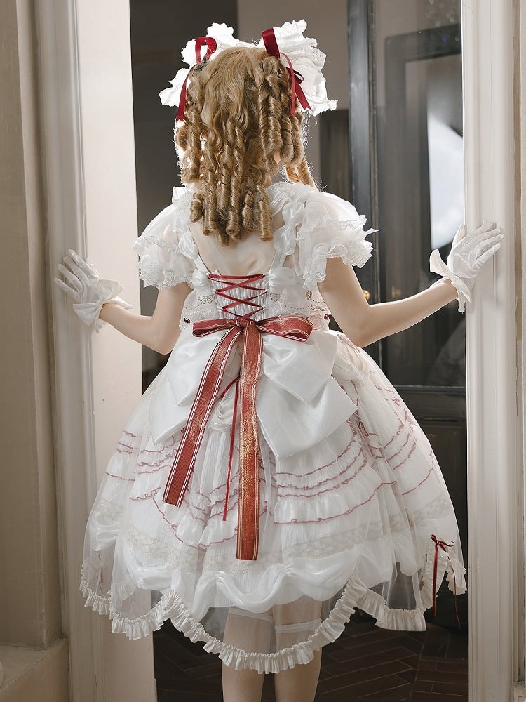 Bowknots Scalloped Red White Edge and Dress Cherry Lolita Embroidered with Overlay Trim Hime