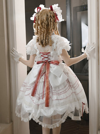 Bowknots Scalloped Red White Edge and Dress Cherry Lolita Embroidered with Overlay Trim Hime