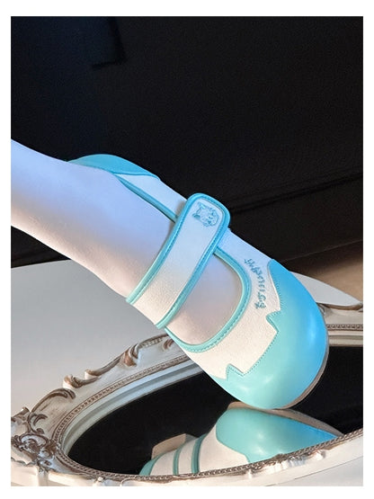 Janes Cat Embroidery Green Kitty Velcro Cute Mary - Flats Ear Closures Toe Round Featuring