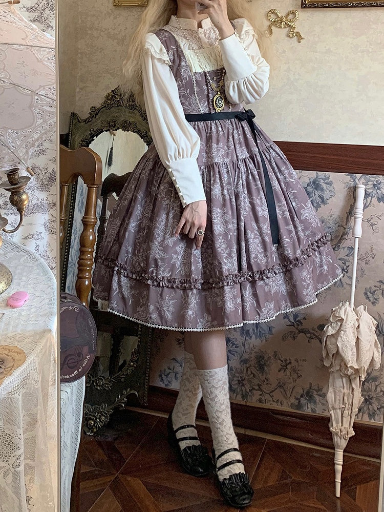 Brown & White Rosette Print Elegant Classic Lolita JSK Dress with Lace Trim