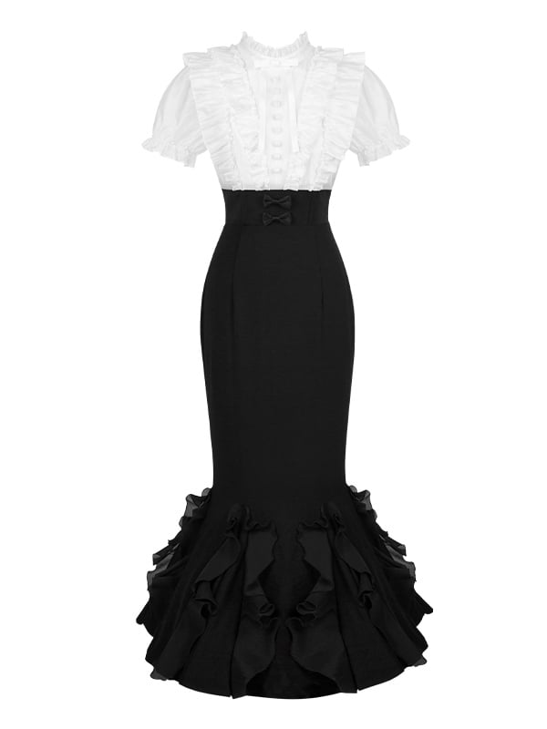 ロリータホワイトピースブラックエレガントツーデザインマーメイドドレスウエストスカートボーンフェイクブラウス
