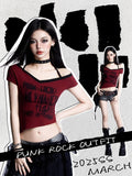 Asymmetrical Graphic Halter Neck Cropped Neckline T-shirt Punk Red Rock with Y2K Hem