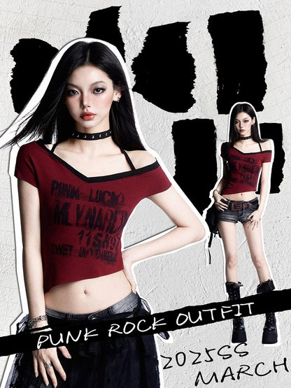 Asymmetrical Graphic Halter Neck Cropped Neckline T-shirt Punk Red Rock with Y2K Hem