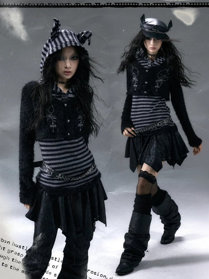 Fake Zweiteiler Schwarz-Grau gestreiftes Top mit Dobermannohr