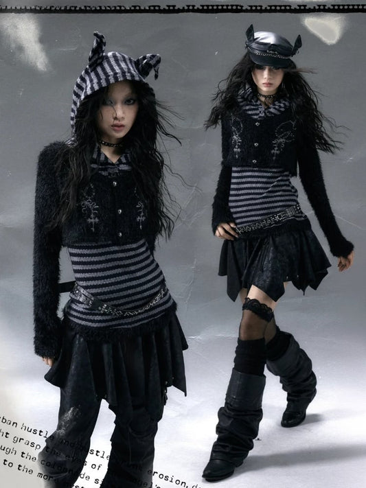 Fake Zweiteiler Schwarz-Grau gestreiftes Top mit Dobermannohr