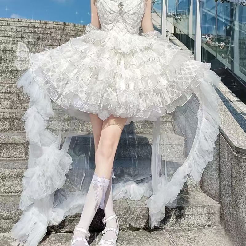 Lolita Trailing Petticoat – Bridal Train Underskirt (White / Black)