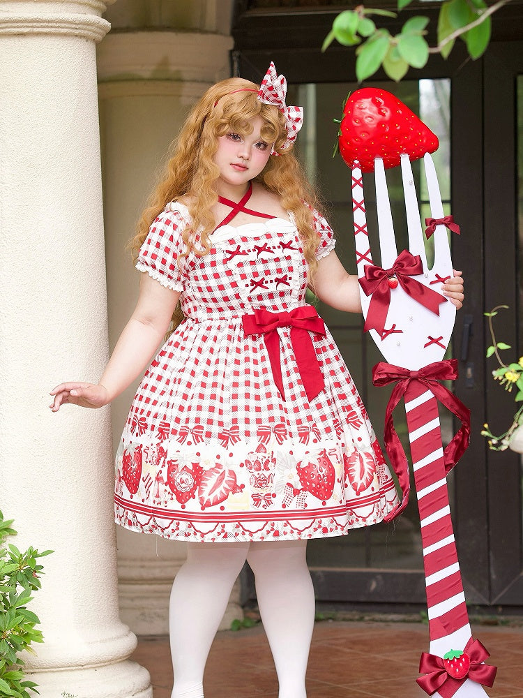 Dress Red Size Bow Gingham Lolita and Print Plus Strawberry