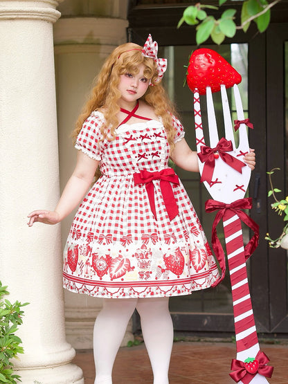Dress Red Size Bow Gingham Lolita and Print Plus Strawberry