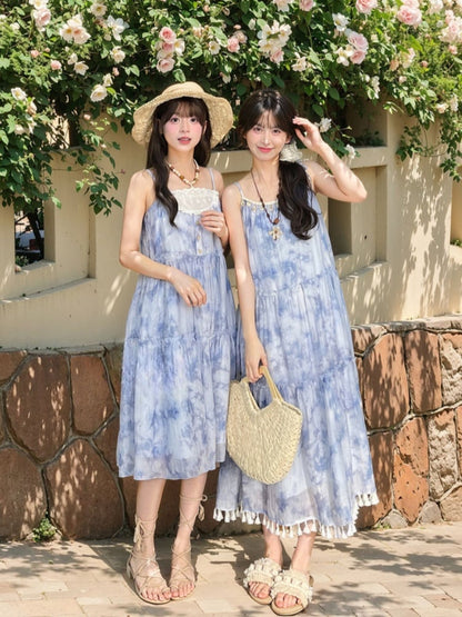 Shell Charm Neckline Dye Tassel Hem Tie Dress Loose Slip Blue Chiffon