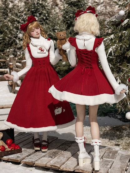 Lolita Embroidered Plush Apple-Themed Scarf + KC Red JSK Christmas Bow Brooch Short