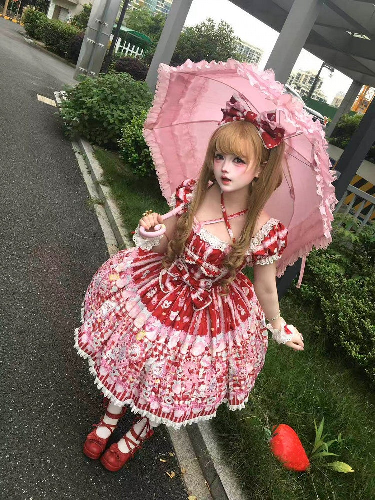 Cat Print Crimson Sweet Lolita OP Dress with Removable Crisscross Halter Straps - Pastry Chef