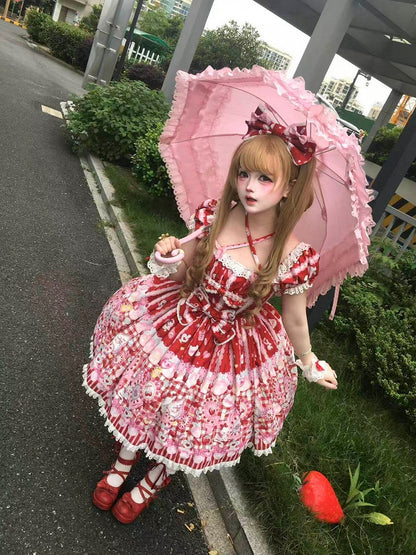 Cat Print Crimson Sweet Lolita OP Dress with Removable Crisscross Halter Straps - Pastry Chef