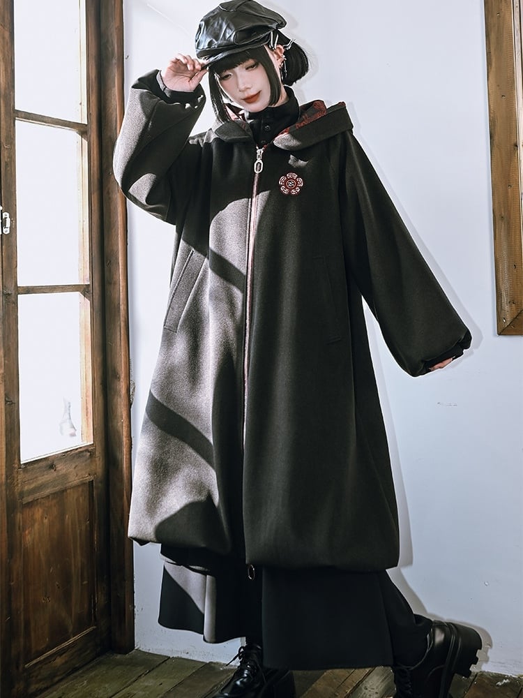 Noir fleuri - avec Imprimé Manteau Gothique à Capuche et Fermeture Éclair sur le Devant, Ourlet Bulle