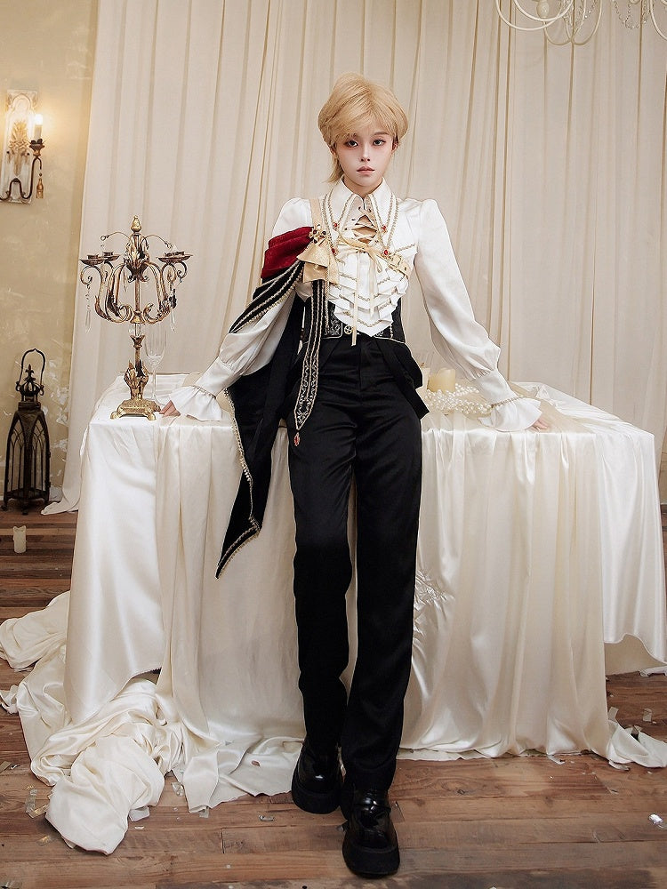 Ouji Knight Lolita Jabot Collar Shirt with One Shoulder Cape and Long Pants Set - Xiong Dou Jiang