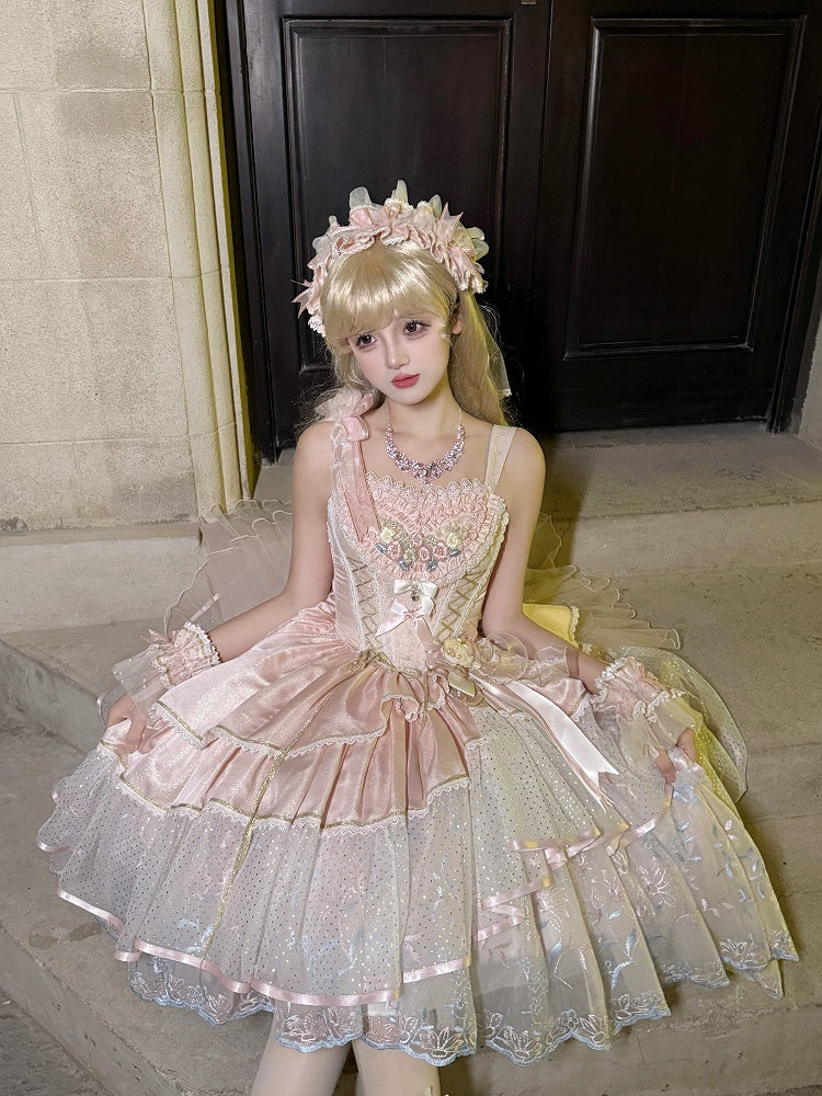 Hem Short Pink Lolita with Embroidery Version High-low Dress Corset Hanayome Floral Waist Layered