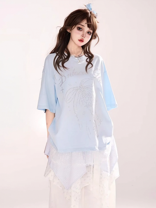 Loose Round Bowknot and Key Rhinestones Lace Trim Blue Neck T-shirt