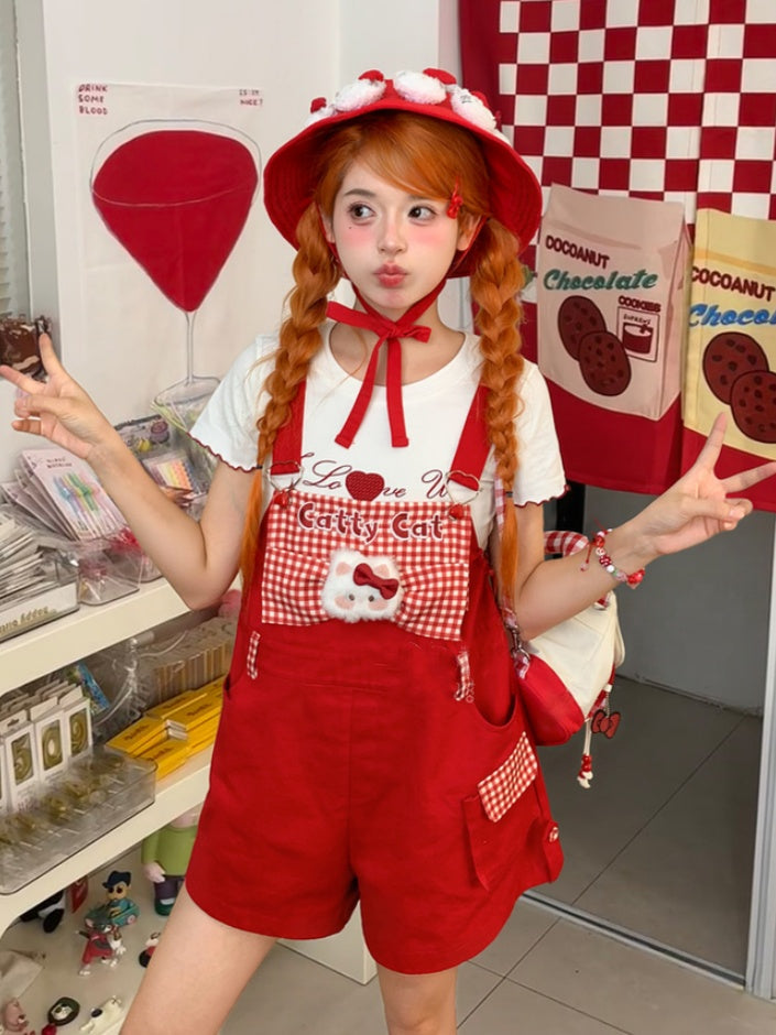 Red Plaid Bowknot Plush Kitty Overall Shorts