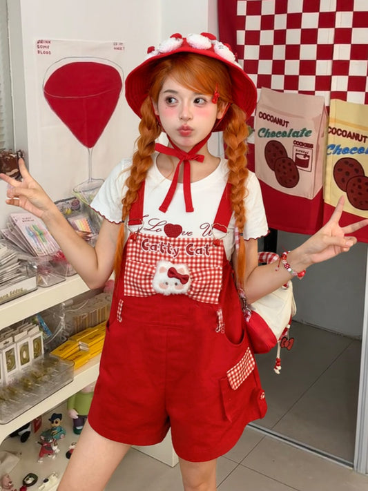 Rote karierte Plüsch-Kätzchen-Overall-Shorts mit Schleife