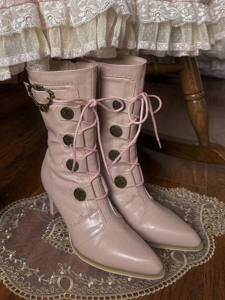 PU with Leather Toe Pointed Heels Lace-Up Lolita Sakura Mid-Calf Details Pink Design Boots Buckle -