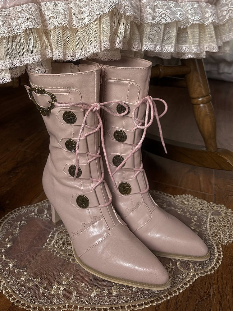 Pink Mid-Calf Pointed Details Lace-Up Design Toe Sakura Boots Leather Lolita Heels with Buckle PU