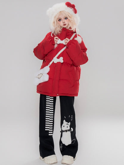 Black/Red Cute Puppy Hooded Jacket with Free Bone Shaped Crossbody