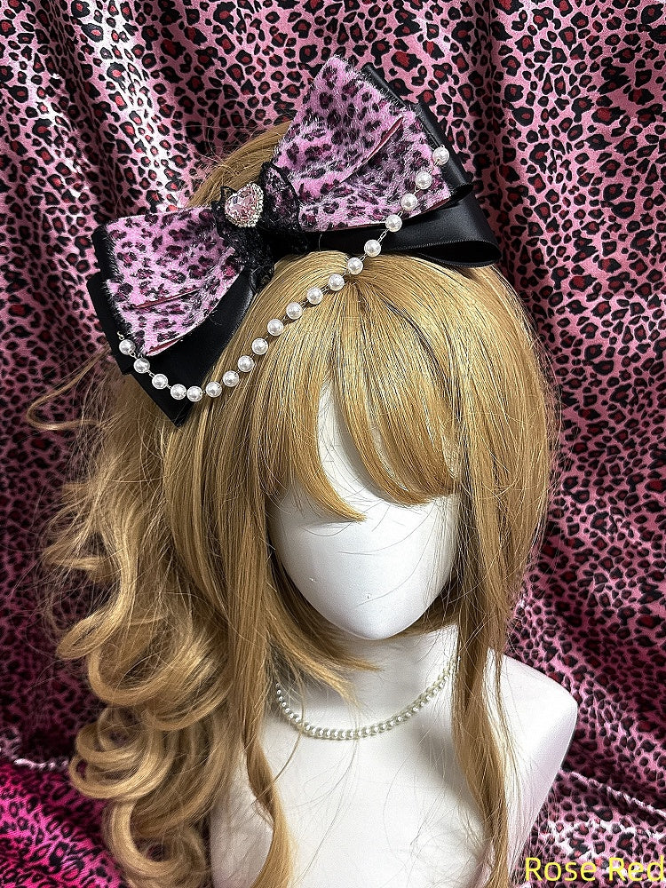 Gyaru Decor with Print Bow Leopard 4 Lace Pearl Hairclips Chain Rhinestone Colors