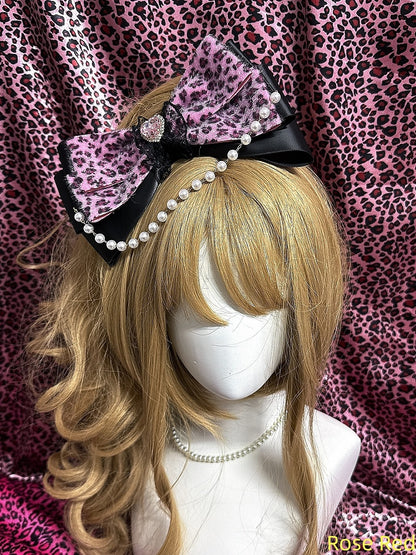 Gyaru Decor with Print Bow Leopard 4 Lace Pearl Hairclips Chain Rhinestone Colors