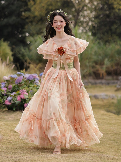 Orange Pink Vintage Floral Print Tiered Shawl Collar Dress