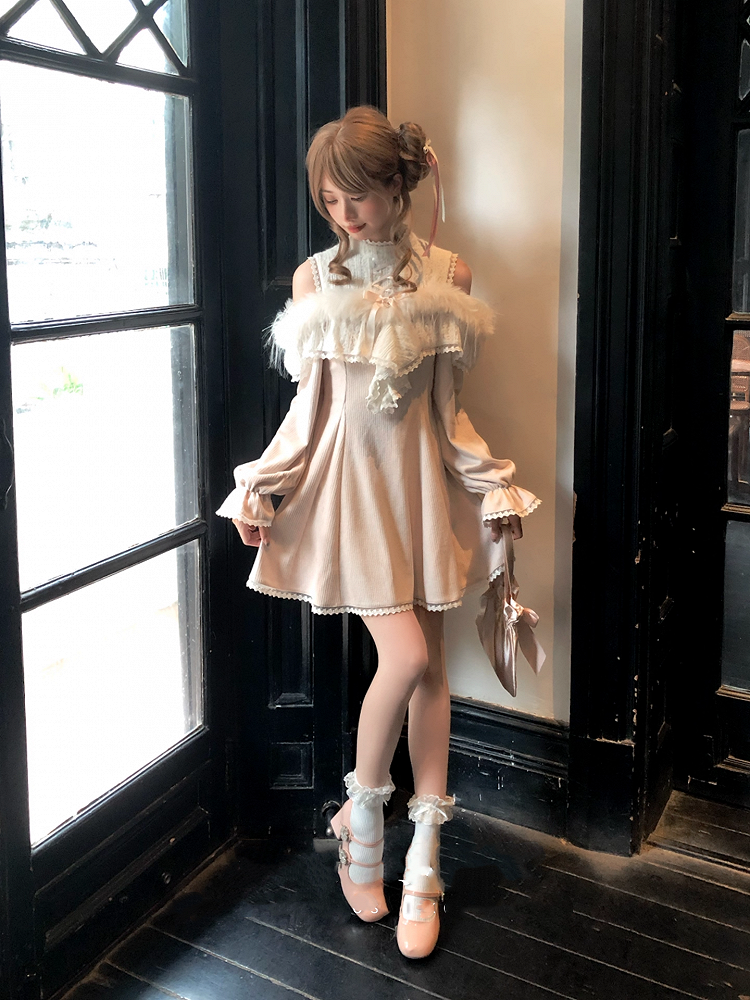 Clean Knit Pink Shoulder Innocent Aesthetic Kei Jirai Two-Way - Open Fuzzy Dress