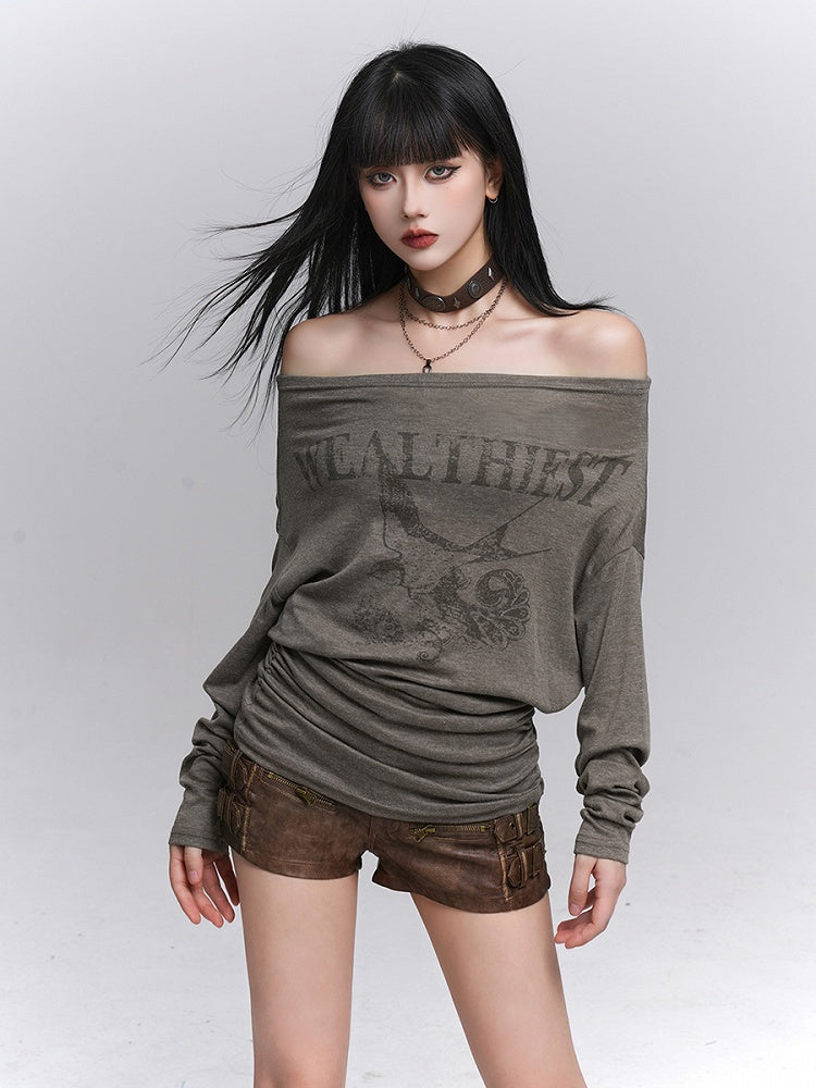 Oversized Coffee Tee Long Sleeve Swallow Gothic Off-Shoulder Print