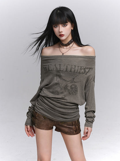 Oversized Coffee Tee Long Sleeve Swallow Gothic Off-Shoulder Print
