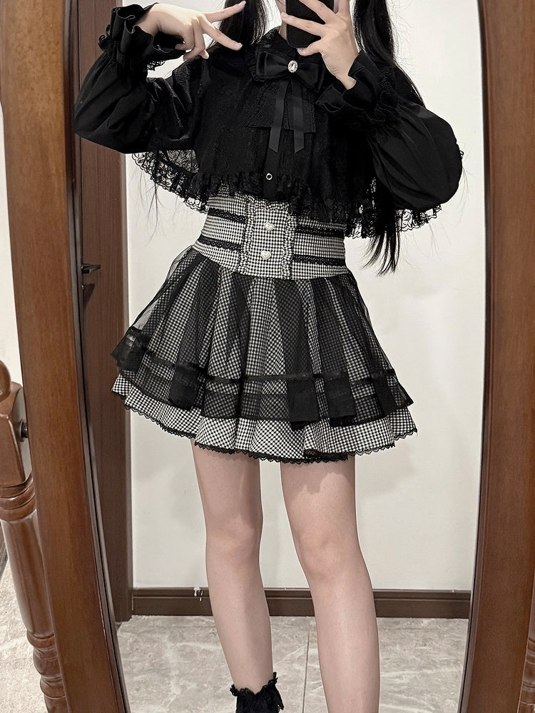Tiered Kei - Button Black Heart Skirt Jirai White High-Waist Plaid Design Detailed