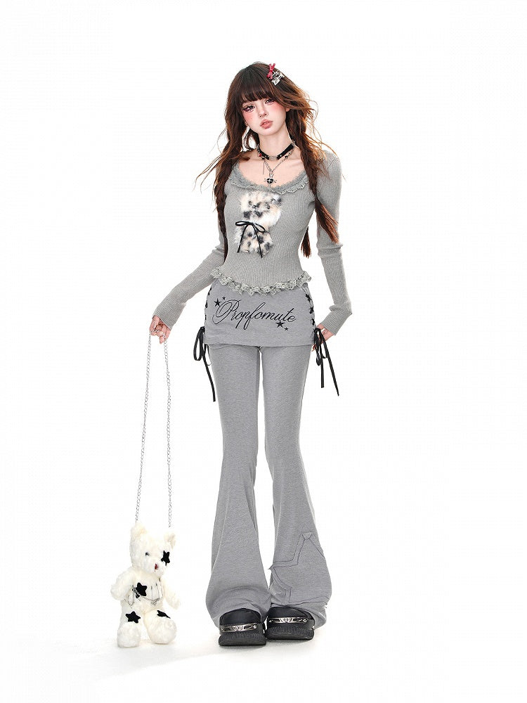 Adorable Plush Puppy Ruffled Neckline and Hem Black Glamorous Knitted Top