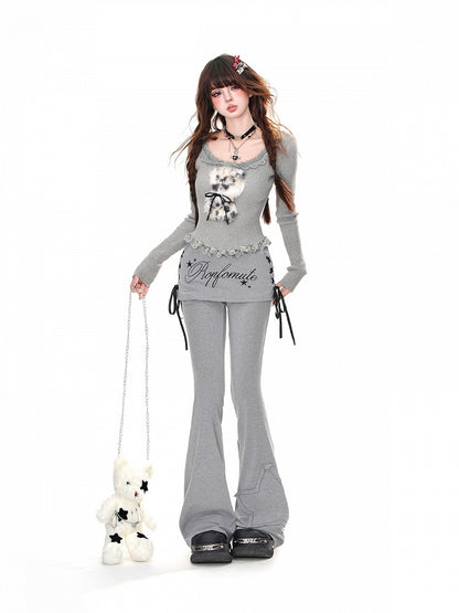 Adorable Plush Puppy Ruffled Neckline and Hem Black Glamorous Knitted Top