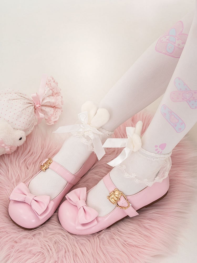 Pink Sweet Flats Bear at with Bow Heart Lolita Top Buckles Hugging