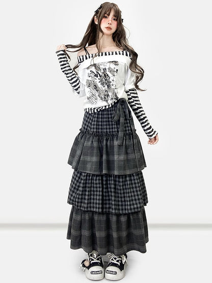 セルフタイダークストラップティアードチェックグレーパターンスカートビタースイート